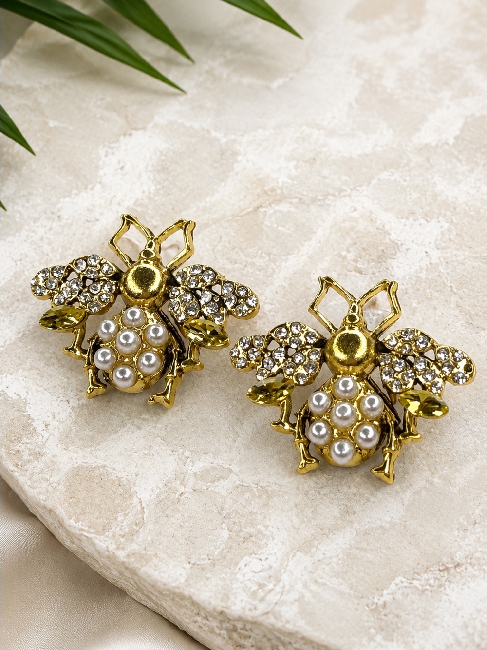Gold Bee Pearl & Crystal Stud Earrings Rhinestone Honey Bee Statement Earrings